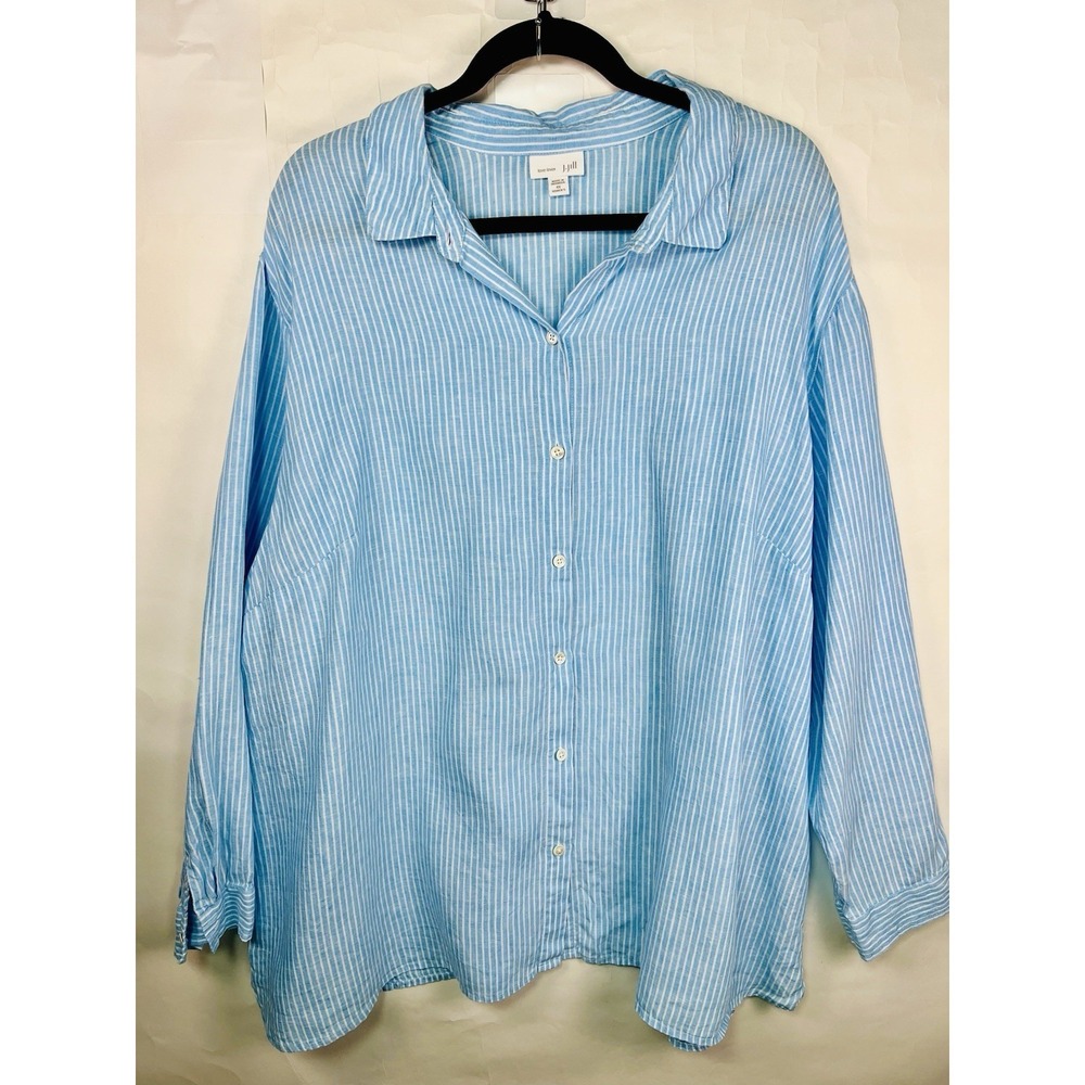 J Jill Love Linen Shirt Women's 4XL Blue Striped Button Down Preppy Long Sleeve